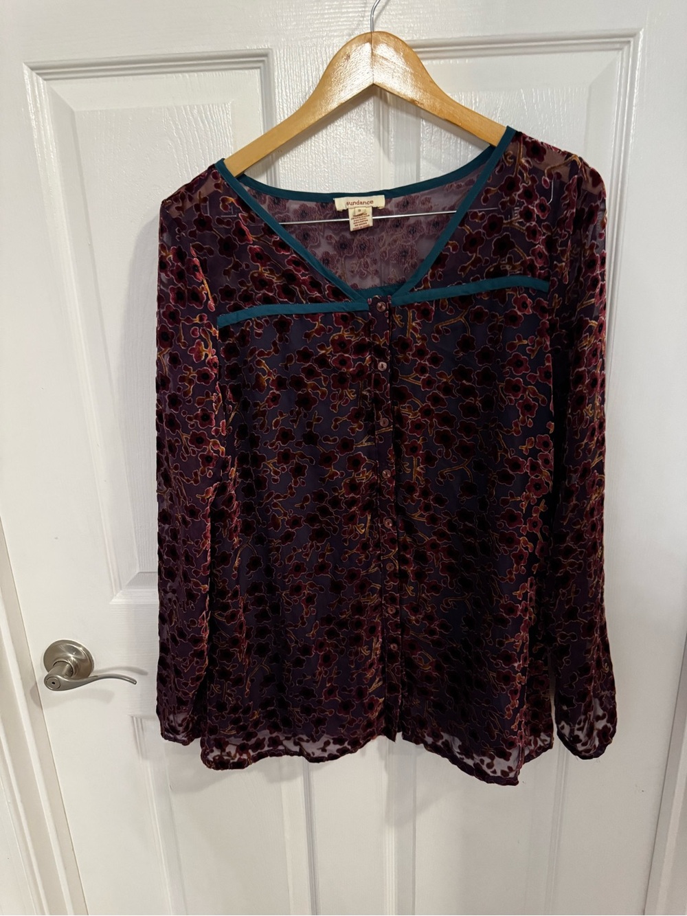 Sundance Plum Velvet Burnout Button-Down Top with Teal Trim